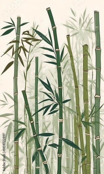 Obraz Numerous bamboo stalks rise against a light, possibly off-white background. Green leaves and varying shades of green bamboo create depth. The style is painterly, suggesting a peaceful,