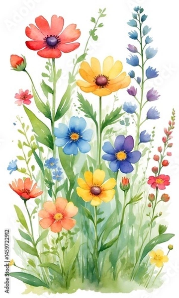 Obraz Watercolor painting depicting a cluster of wildflowers with red, yellow, blue, and orange blossoms. Green stems and leaves form the background, with a soft, white, possibly transparent, background. 