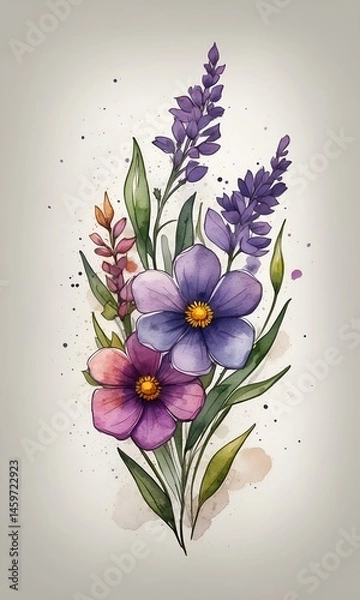 Obraz Watercolor painting of a bouquet featuring purple and pink flowers, green leaves, and a light beige background. The flowers are the main focus, arranged loosely. The background is a soft beige 