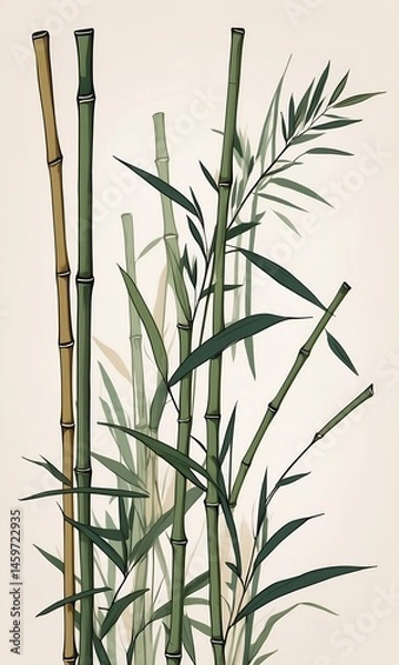 Obraz Tall bamboo stalks with long green leaves against a light beige background. The style is painterly and somewhat abstract. The overall mood is serene and peaceful. No people are present. 
