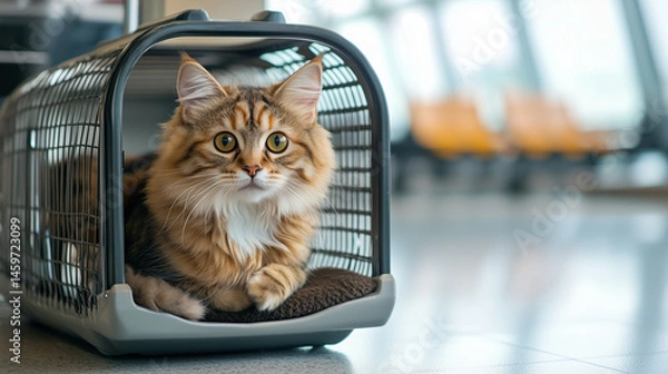 Fototapeta Cute cat relaxing in a carrier at an airport terminal  