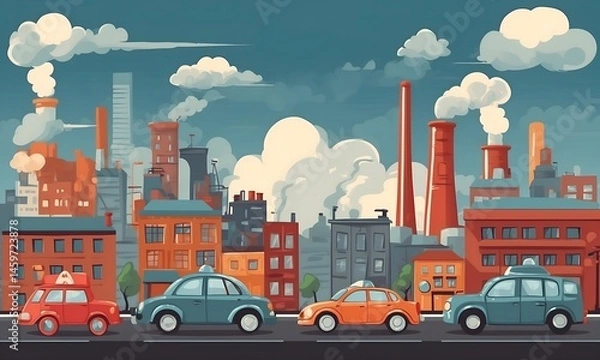 Obraz Cartoonish cityscape with several cars driving along a street. Buildings and factories form the background, emitting smoke. The sky is light blue with fluffy white clouds.