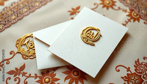 Fototapeta Elegant invitation cards with gold embellishments on decorative background
