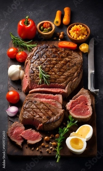 Obraz A juicy grilled steak, sliced and arranged on a dark wooden board with assorted vegetables including tomatoes, peppers, and onions. Hard boiled eggs and nuts are also present. The background is a dark