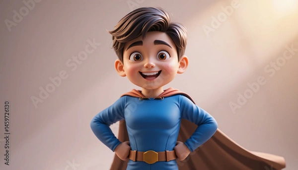 Fototapeta cheerful young superhero character with cape and confident pose