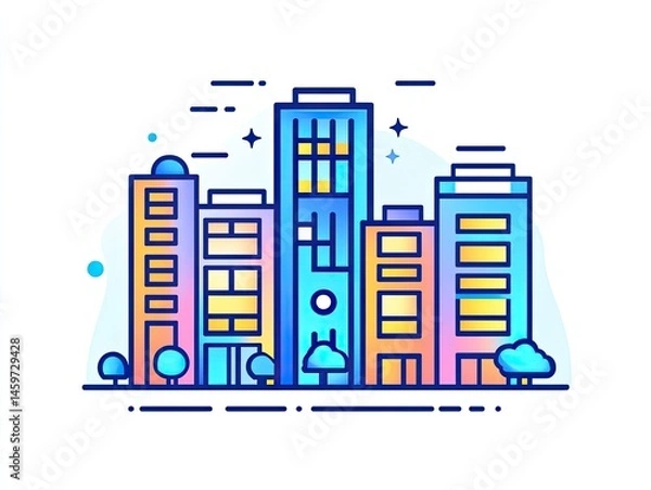 Fototapeta Illustrative cityscape featuring vibrant skyscrapers and buildings with various windows and architectural styles against a clean white background.