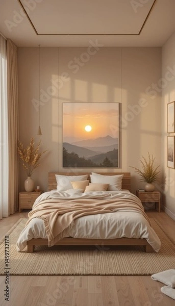 Obraz A luxury hotel room features a comfortable double bed with pillows, a lamp providing soft light, and contemporary decor