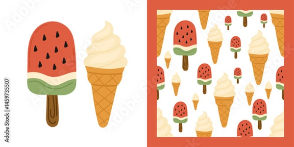 Fototapeta Summer vocation illustration set and seamless pattern featuring watermelon popsicles and vanilla ice cream cones, perfect for summer-themed designs, food packaging, beach party decor.