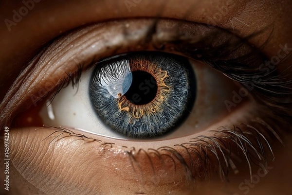 Fototapeta A close up of a person's blue eye with a yellow iris