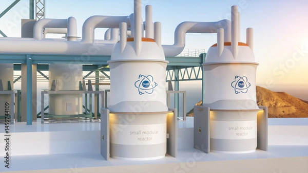 Fototapeta concept of a SMR small modular nuclear reactor power plant on a sunny day. SMR is a future energy concept.