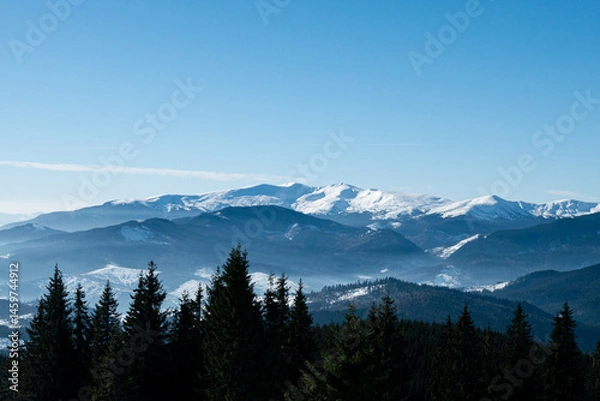 Fototapeta View on Carpathians Mountains Valley in Sunny Winter Day