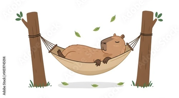 Fototapeta ai image featuring an adorable cartoon capybara peacefully sleeping in a comfy hammock strung between two trees with falling leaves.