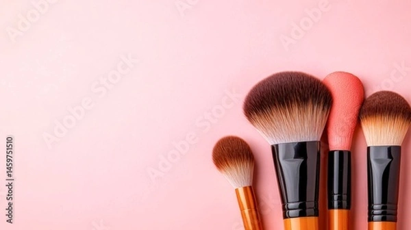 Fototapeta A collection of diverse makeup brushes neatly arranged on a soft pink background, ideal for beauty articles, cosmetic advertisements, or makeup tutorials that showcase tools and professionalism,