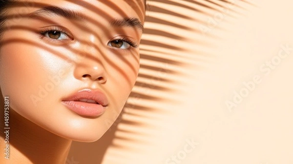 Fototapeta A close-up of a young woman's face, beautifully illuminated by soft shadows created by palm fronds, This image is ideal for beauty and skincare promotions or artistic projects,