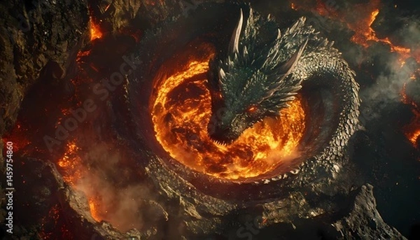 Obraz Dragon’s Lair in the Volcano’s Heart, A colossal dragon coiled around a molten lava core within a jagged volcanic cavern,