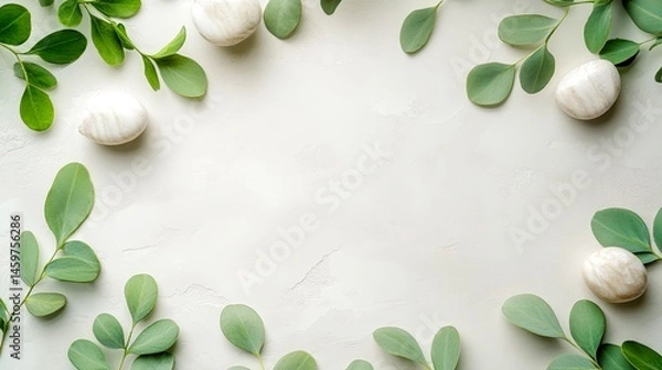Fototapeta A serene composition of green leaves and smooth stones against a light backdrop, ideal for wellness, nature-themed projects, or minimalist design, Perfect for backgrounds, invites, and blogs,