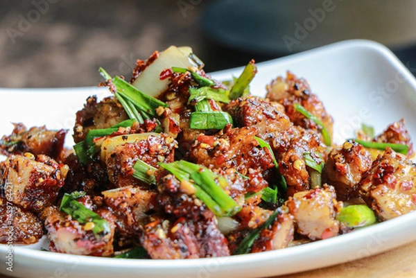 Fototapeta Stir fried Crispy Pork with black pepper , Thai food, close-up view.