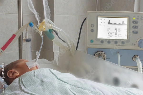 Obraz Newborn baby on breathing machine in neonatal intensive care unit