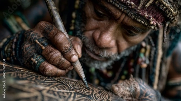 Obraz A man is drawing on a piece of wood with a pencil