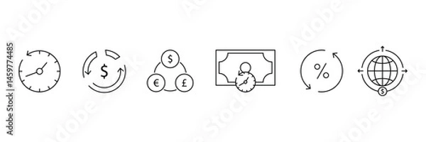 Fototapeta Set of outlined Investment icon collection. Cash Flow, risk management, economy, financial gain symbol. Vector Illustration.