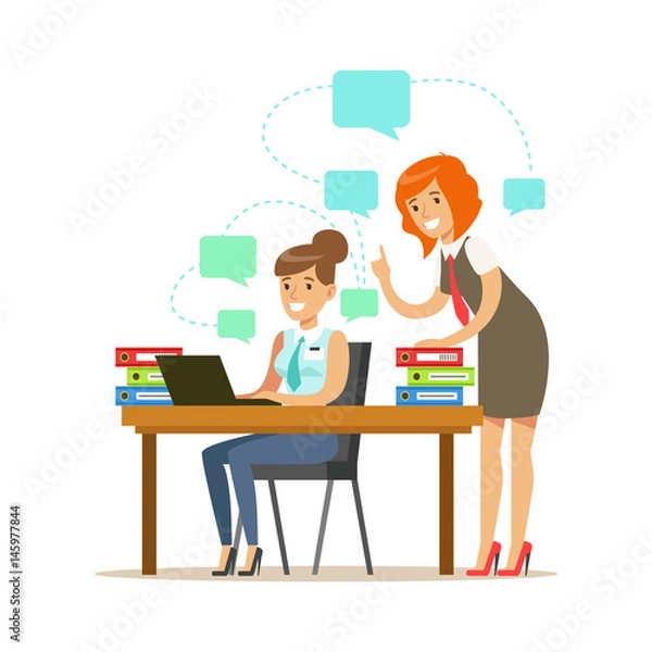Fototapeta Two employee women working on a project. Colorful cartoon character vector Illustration