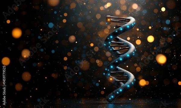 Fototapeta A glowing DNA helix stands against a blurred background of colorful bokeh lights, symbolizing science
