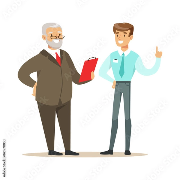 Obraz Smiling candidate during a job interview. Colorful cartoon character vector Illustration