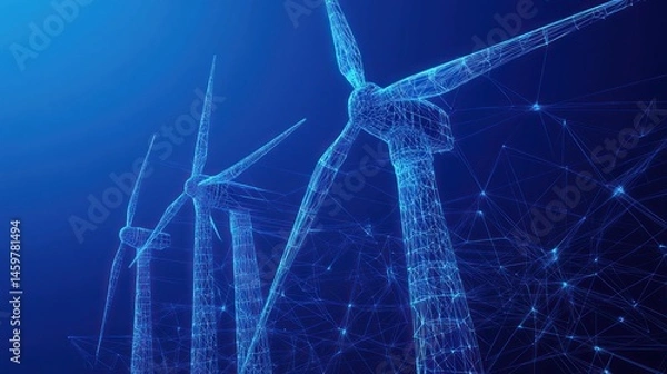 Fototapeta Abstract polygonal wind turbines on blue background.