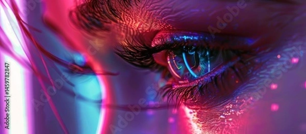 Fototapeta Close up view of retina eye with digital illumination cyber technology vision AI generated image