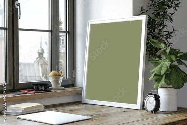 Fototapeta White frame mockup on a desk near window with laptop and clock