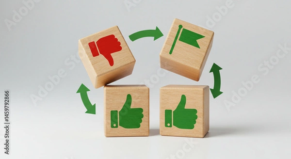 Obraz Feedback loop concept with thumbs up thumbs down and flag icons for iterative improvement process