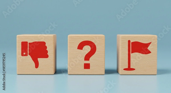 Fototapeta Wooden blocks with dislike question mark and flag icons strategy decision making concept illustration