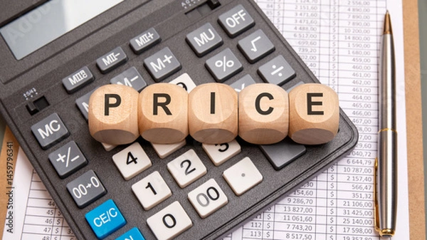 Obraz Word PRICE on wooden cubes on calculator, pen and financial documents on office desk