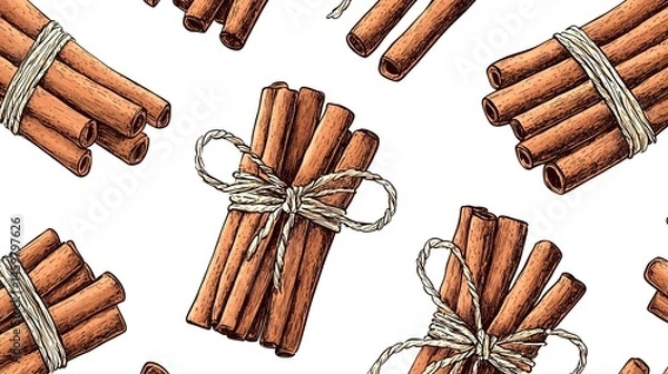 Fototapeta Tied cinnamon sticks in a repeating pattern design.