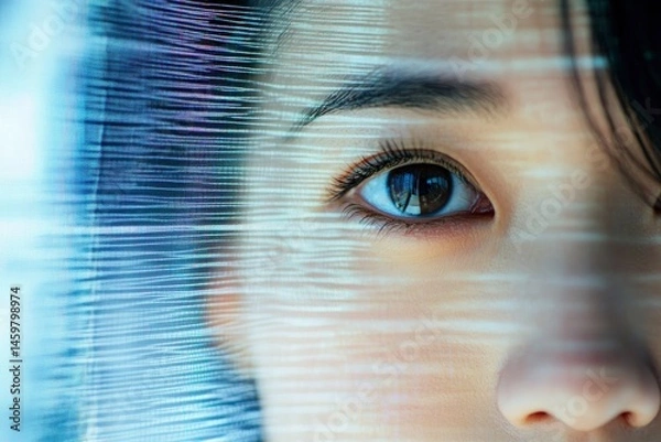 Fototapeta Close-up of Asian woman's eye with digital interface overlay.