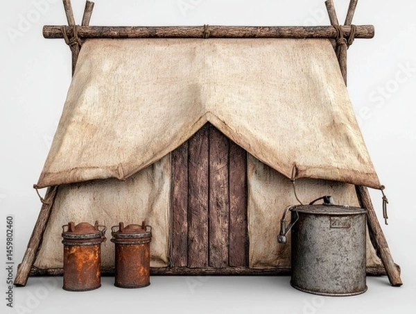 Fototapeta Rustic Tan Canvas Tent with Wooden Frame and Aged Metal Containers