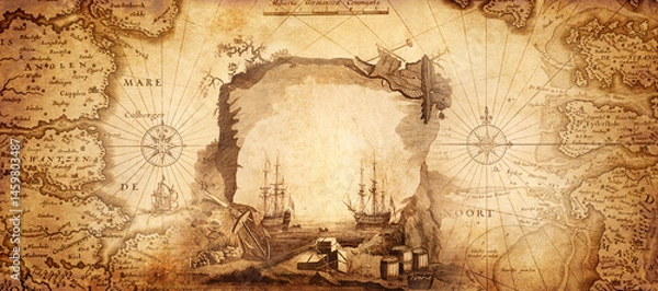 Obraz Old map collage background. A concept on the topic of sea, voyages, discoveries, pirates, sailors, geography, travel and history. Pirate, travel and nautical background.