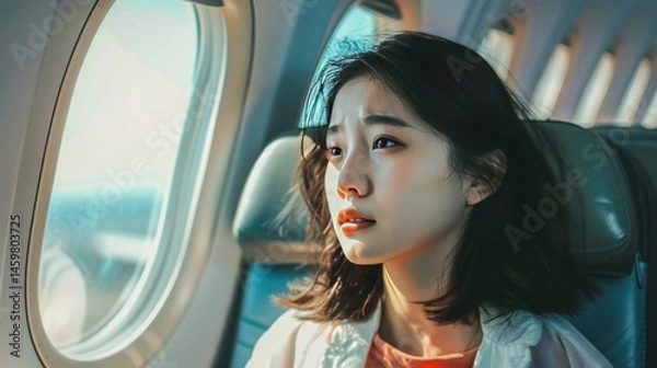 Fototapeta Portrait Asian woman sitting while looking out the window in inside airplane. Generated AI image