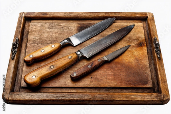 Obraz Wooden cutting board with three kitchen knives arranged professionally in a well-lit kitchen space