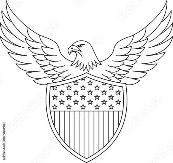 Fototapeta Shield with US flag and eagle, 4th of July outline coloring page