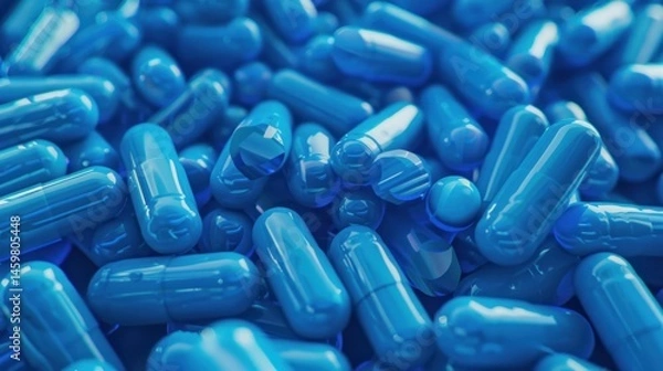 Fototapeta Closeup heap of blue capsule pills medicines as medical background. Generated AI image