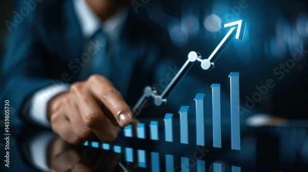 Fototapeta A man is pointing a virtual red line rising trend graph on a tablet