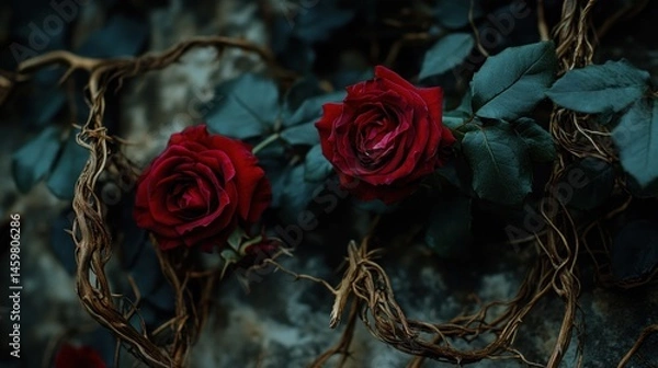 Fototapeta Two Red Roses On A Vine