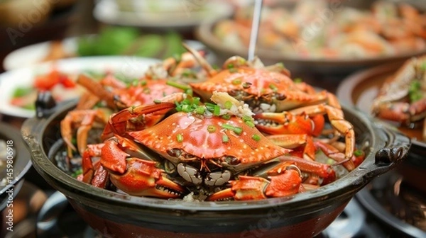 Fototapeta Tasty cooked seafood red crabs on dish on the table