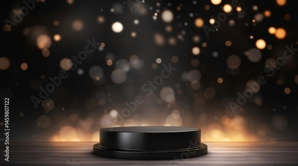 Fototapeta Rendering 3d of a cylindrical podium stand with golden glitters bokeh background. Generate AI image