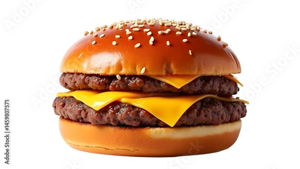 Obraz A close-up view of a double cheeseburger with melted cheese and sesame seed bun, set against a plain background for food photography
