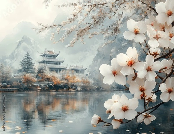 Obraz Misty Mountain Temple with Cherry Blossoms.