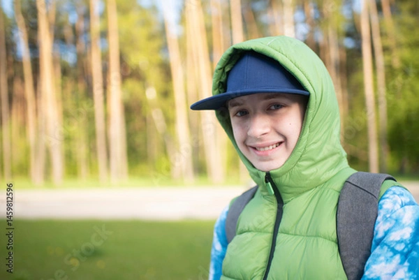 Fototapeta Portrait of a smiling boy in a cap in a green vest with a hood and with a backpack