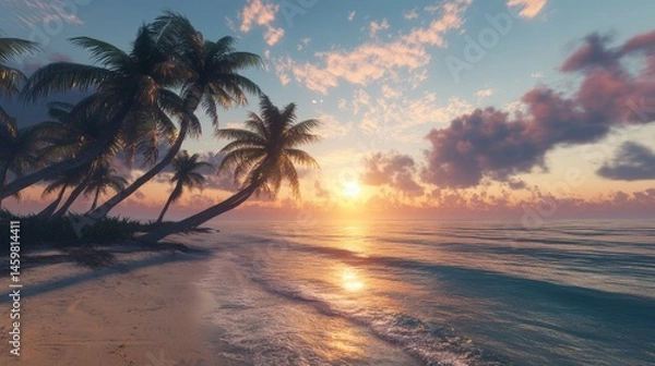 Obraz Calm ocean waves lap a beach with palm trees.  A beautiful sunrise or sunset lights the scene.  It's a relaxing tropical paradise, perfect for a summer vacation.
