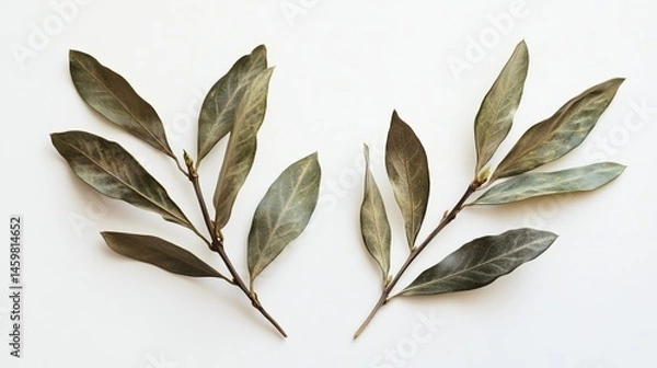 Obraz Close-up of two leafy olive branches against a white backdrop.

